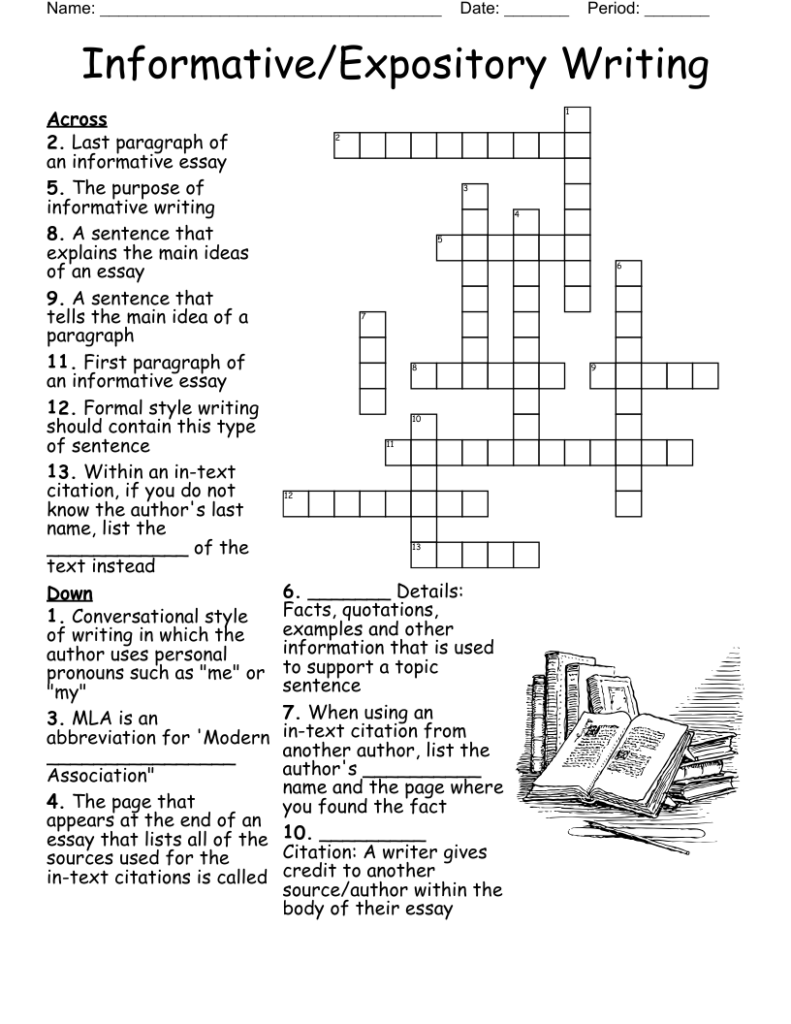 Informative writing crossword worksheet with book illustration
