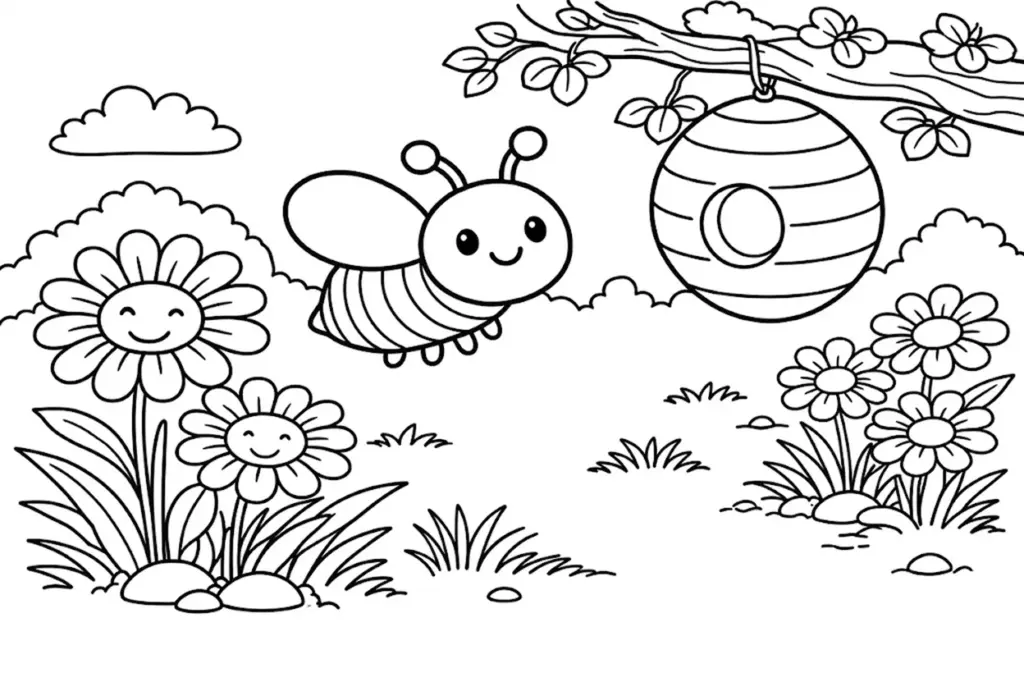 Smiling bee near beehive among flowers and clouds