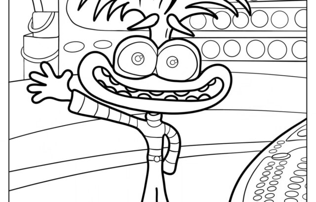 Black-and-white cartoon character inside control room console