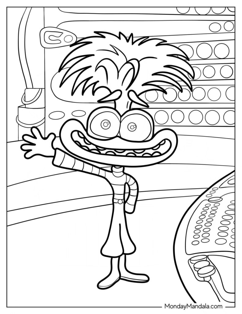 Black-and-white cartoon character inside control room console