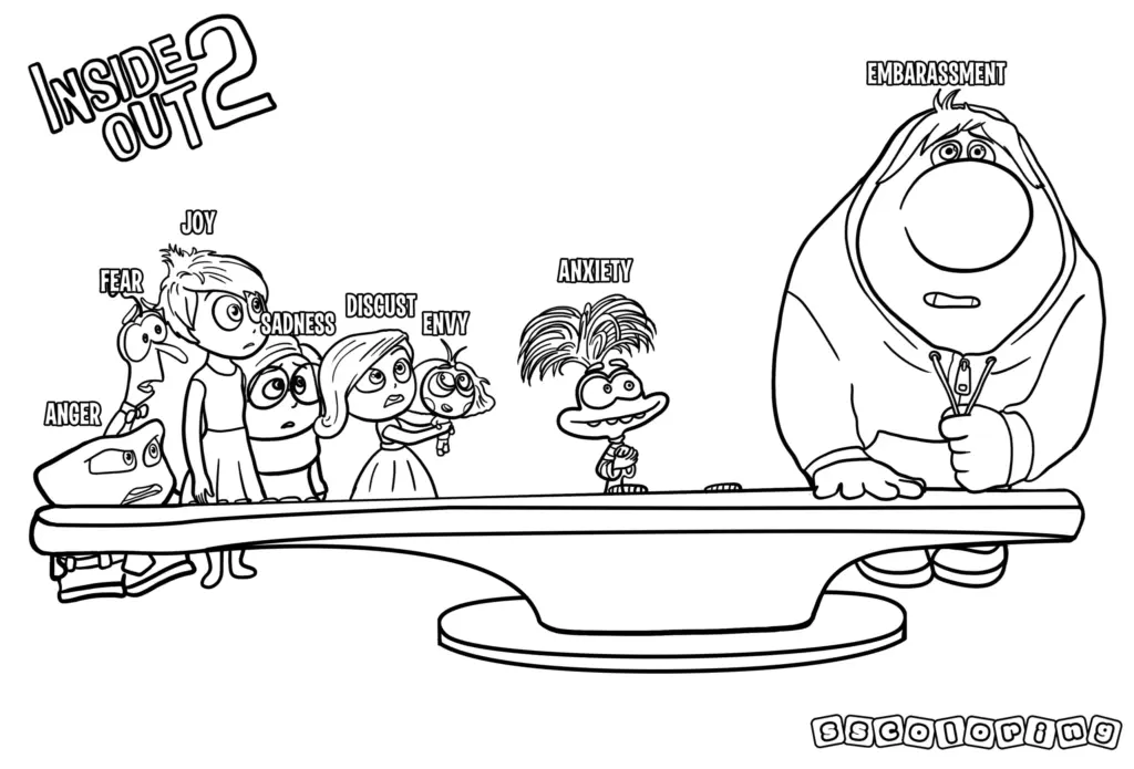 Inside Out 2 characters around a table, labeled emotions