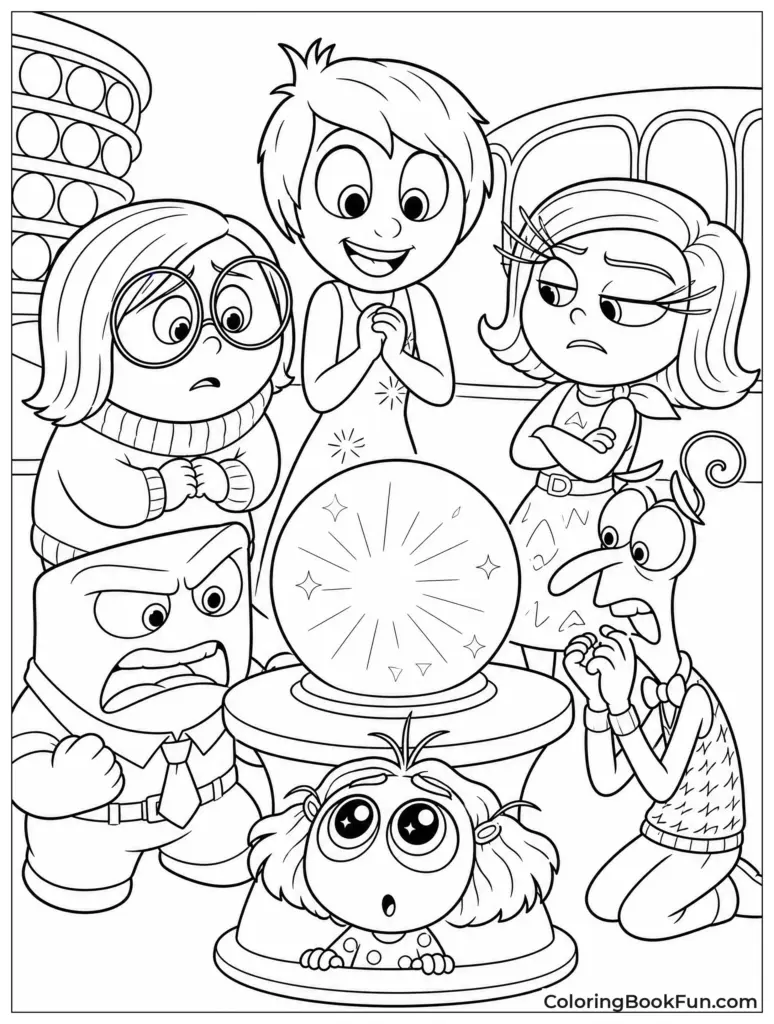 Black-and-white cartoon children around glowing crystal ball