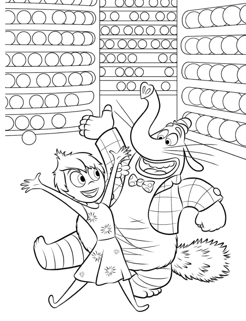 Black-and-white cartoon girl and elephant dancing under shelves of balls