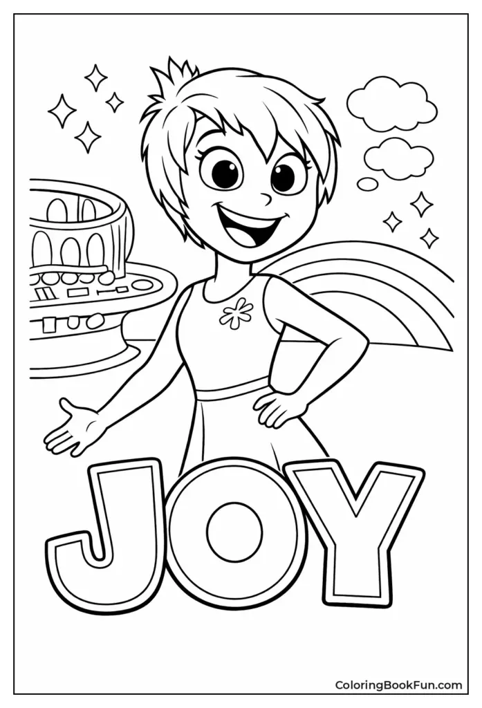 Cartoon girl beside large JOY letters and sparkles