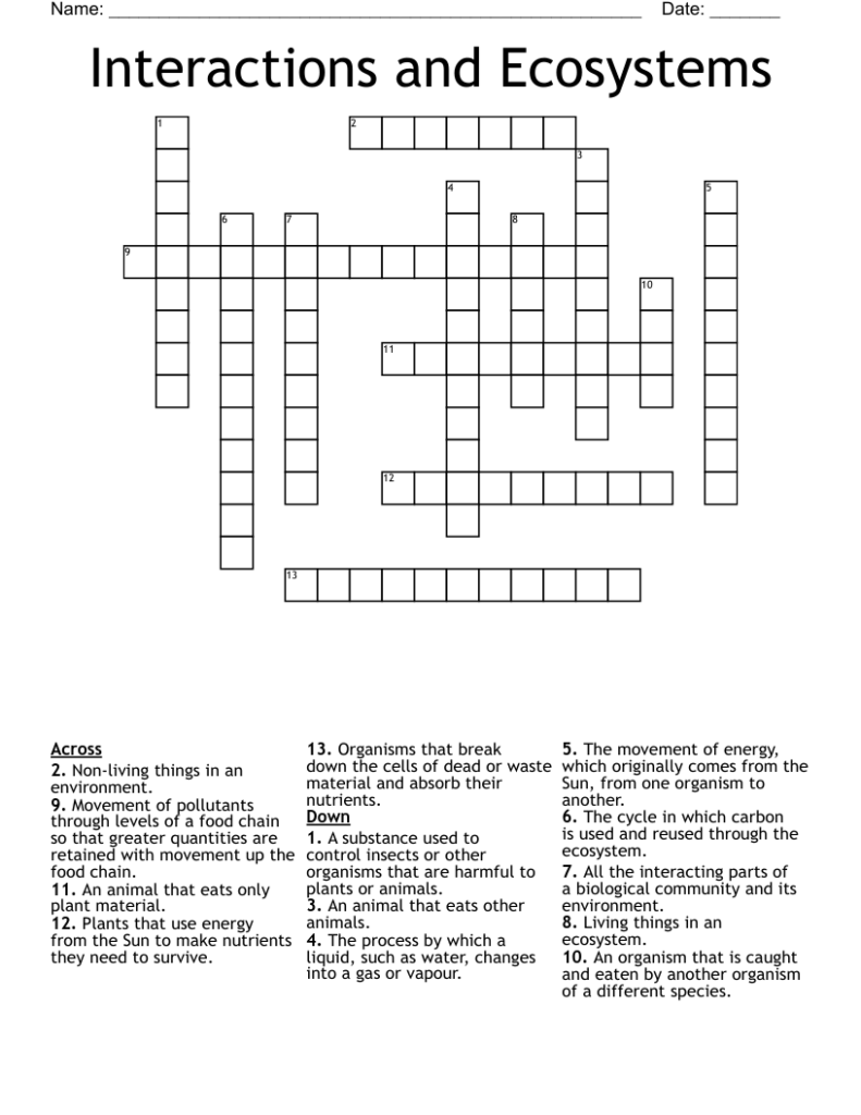 Ecology crossword worksheet with blank grid and clues