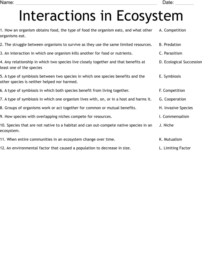 Ecosystem interactions worksheet with matching questions and terms