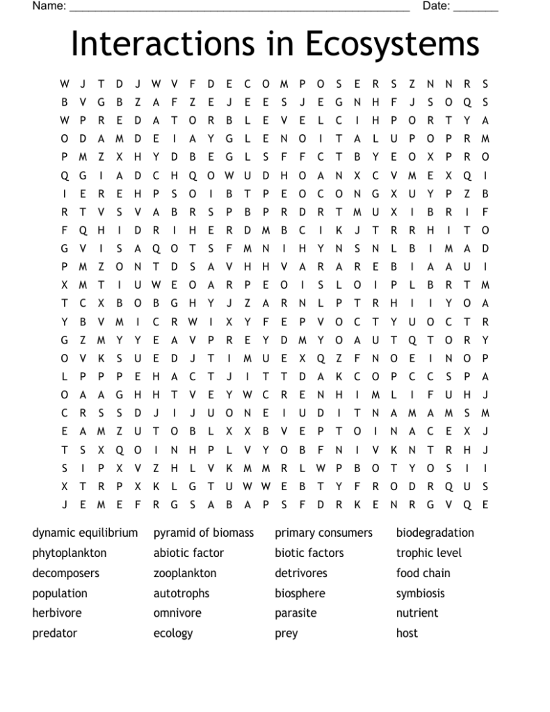 Ecology word search worksheet titled Interactions in Ecosystems