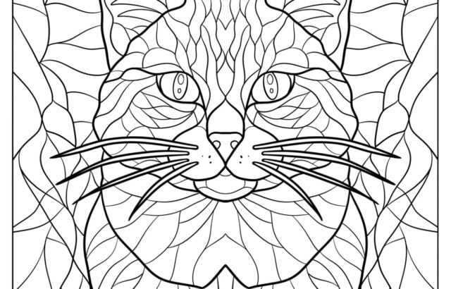 Black-and-white cat face coloring page with leaf patterns