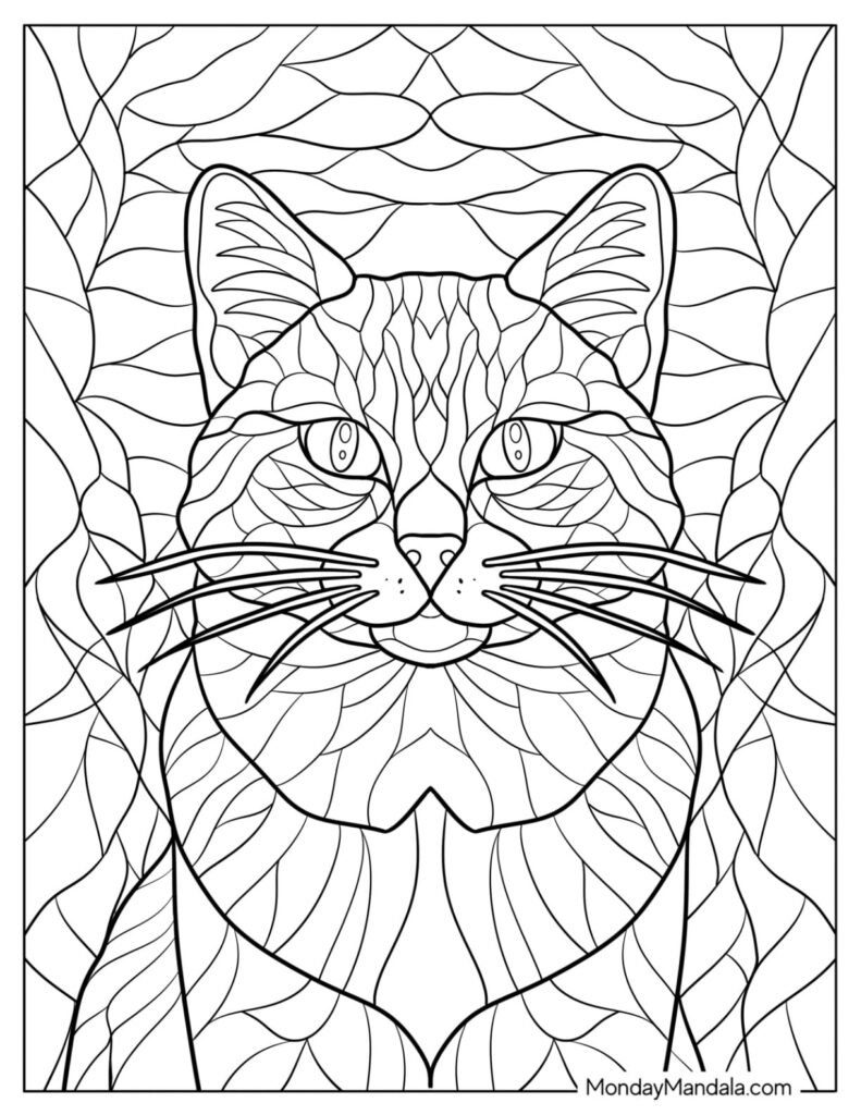 Black-and-white cat face coloring page with leaf patterns