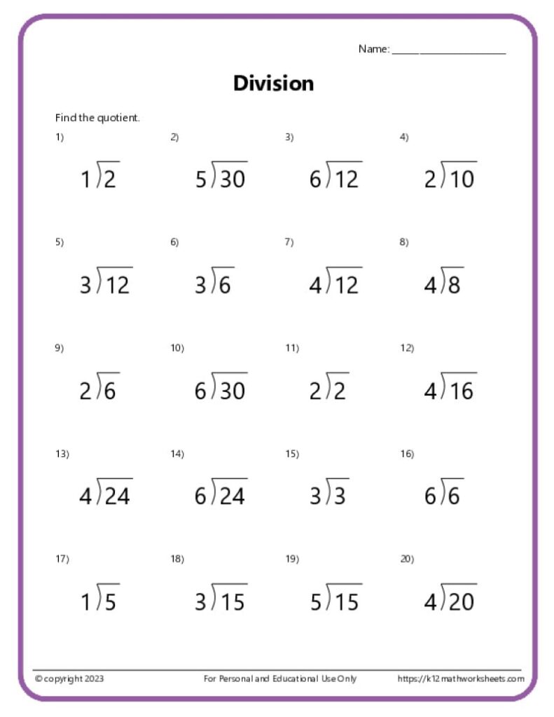 Division worksheet with twenty simple problems inside purple border