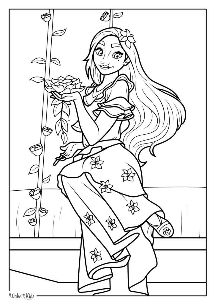 Black-and-white coloring page of a seated girl holding flowers