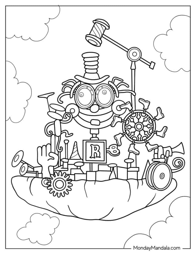 Cartoon robot head and gears on a hand