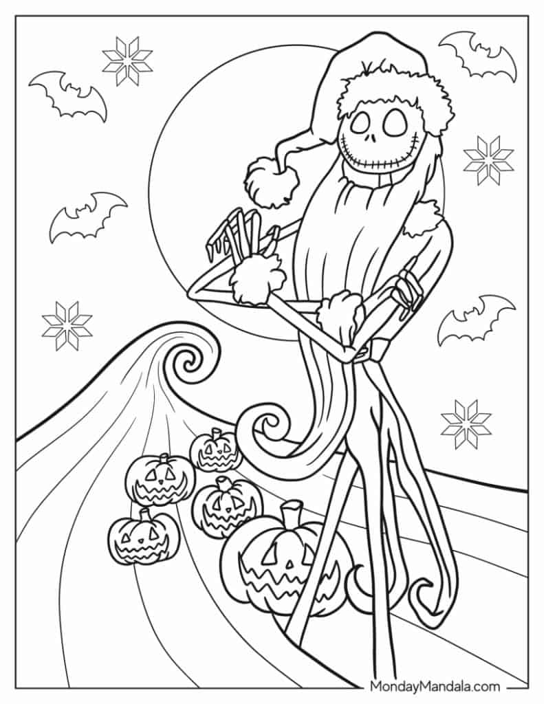 Black-and-white Halloween coloring page with Jack Skellington and pumpkins