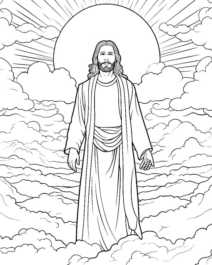 Line drawing of Jesus standing among clouds, with sunburst halo