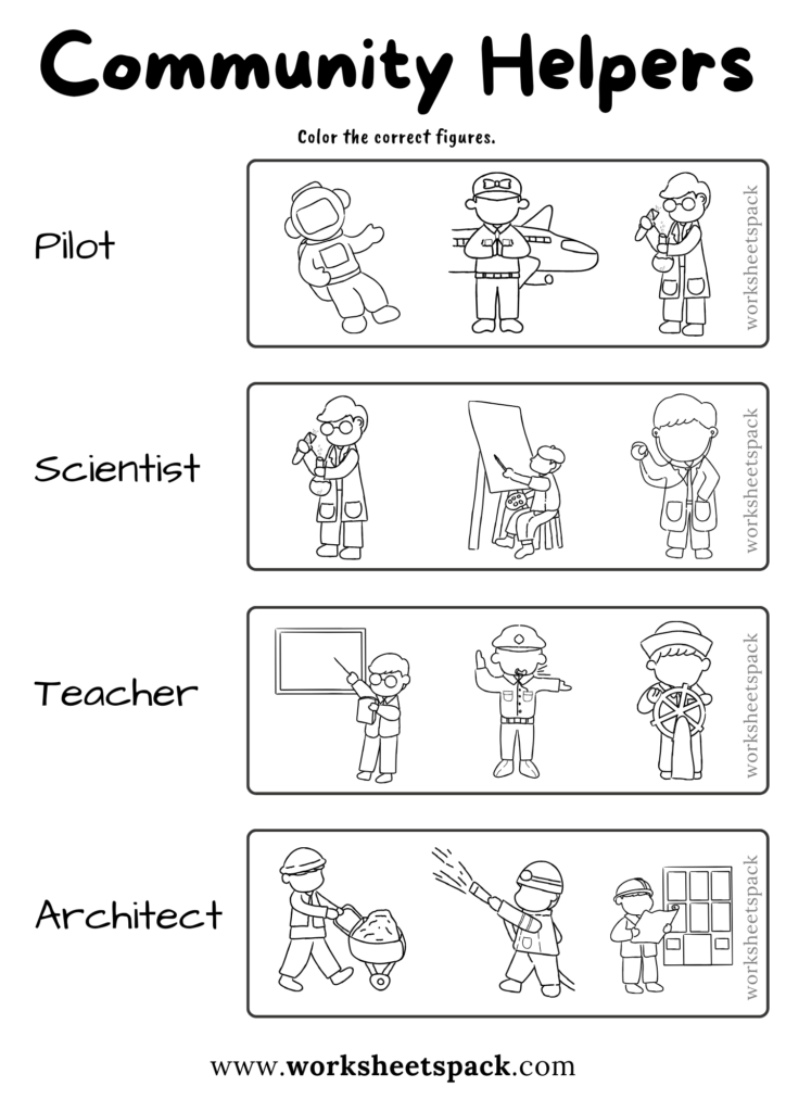 Community helpers worksheet with four labeled occupations
