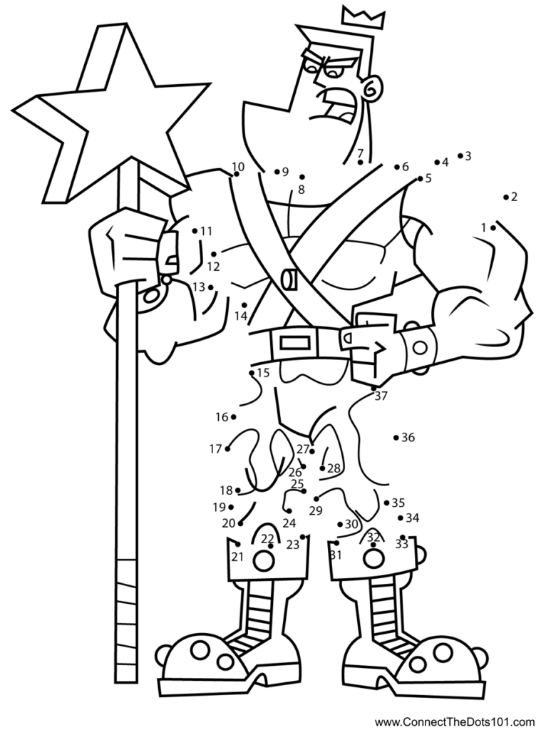 Connect-the-dots cartoon warrior holding a star staff