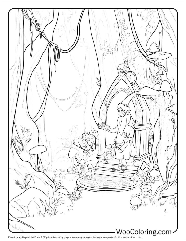 Black and white coloring page of forest wizard