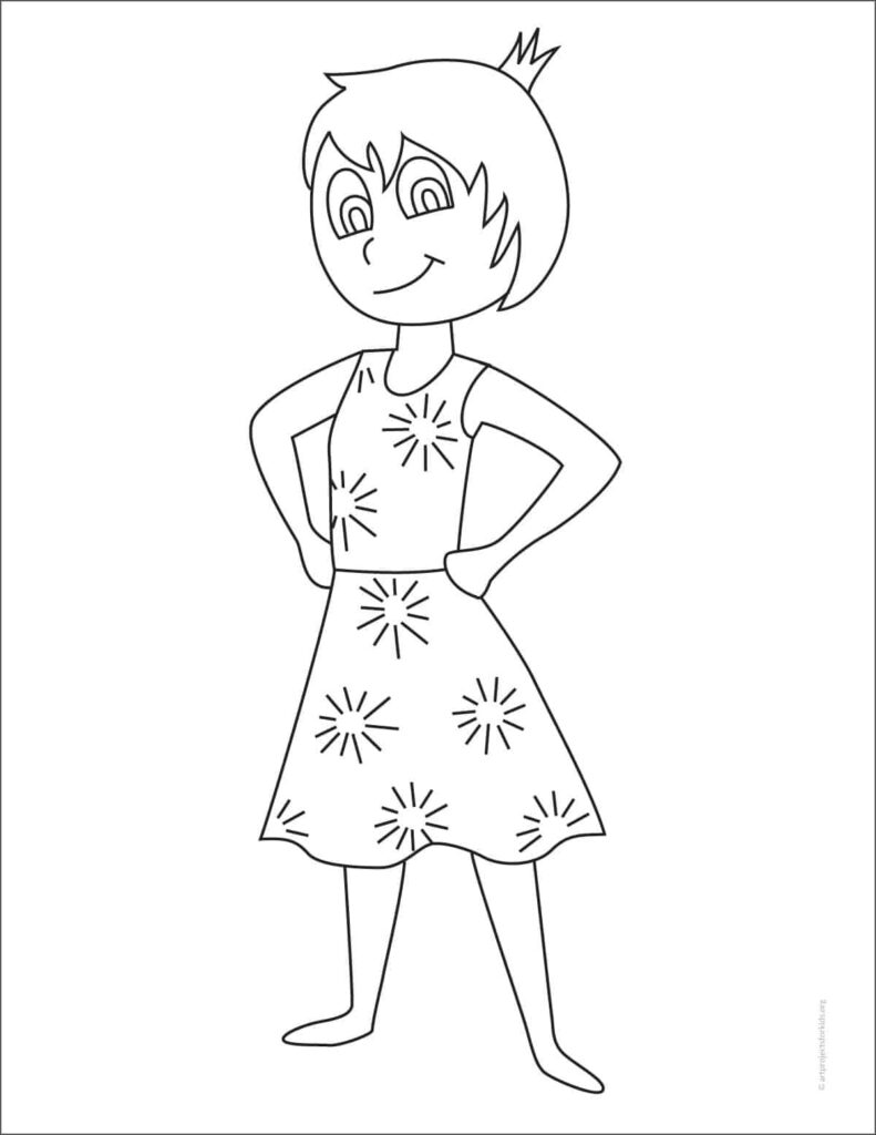 Black-and-white cartoon girl standing hands on hips