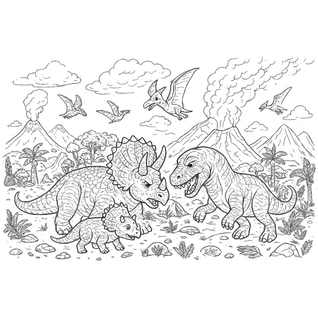 Black and white dinosaur scene with volcanoes and flying reptiles