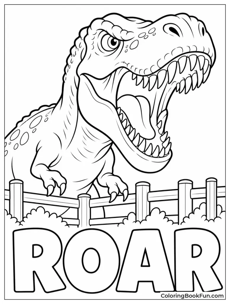 Roaring dinosaur coloring page with large ROAR text