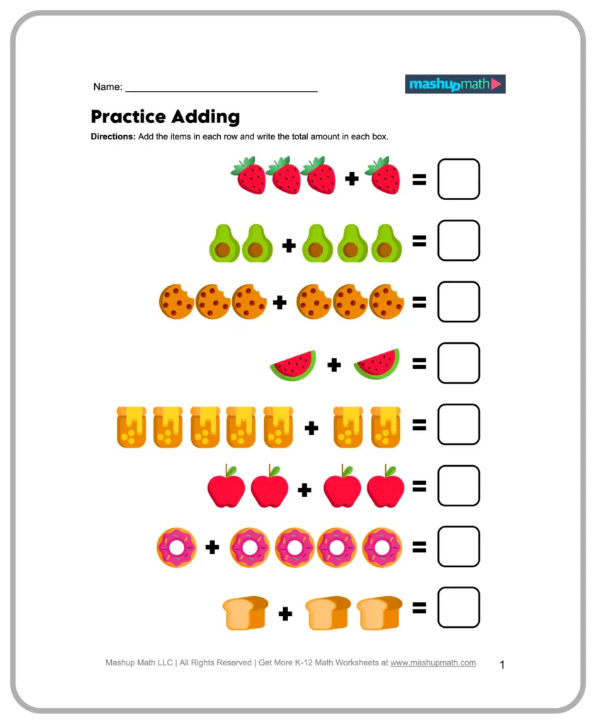 Fruit addition worksheet with blank answer boxes and icons