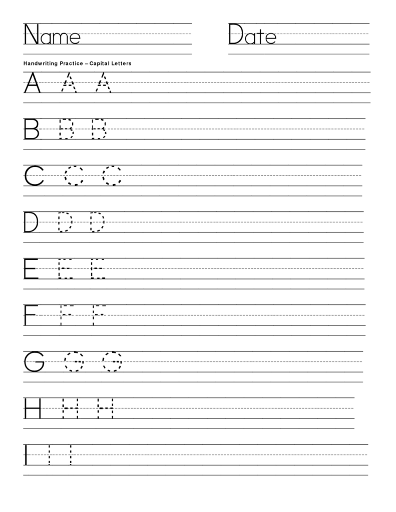 Capital letters handwriting practice worksheet with lines and letters A-I