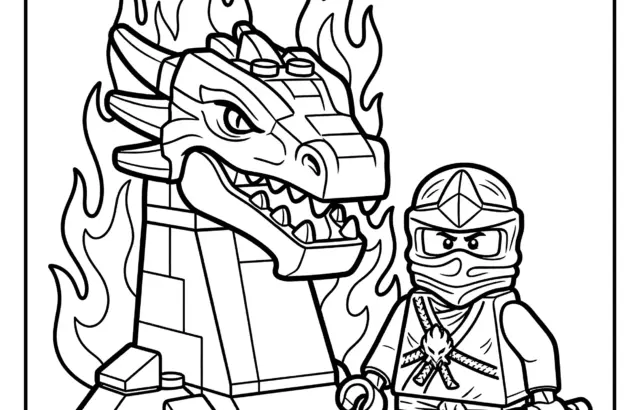 Ninja minifigure beside flaming dragon head coloring page