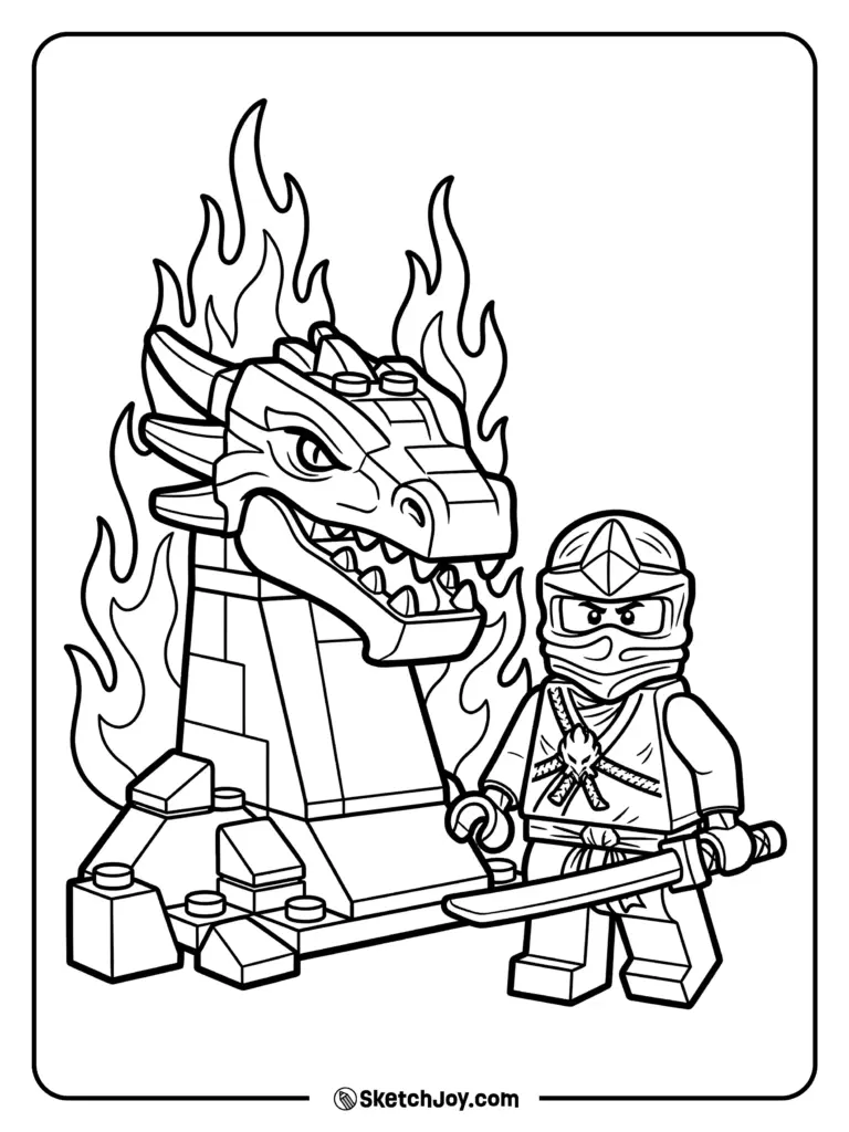 Ninja minifigure beside flaming dragon head coloring page