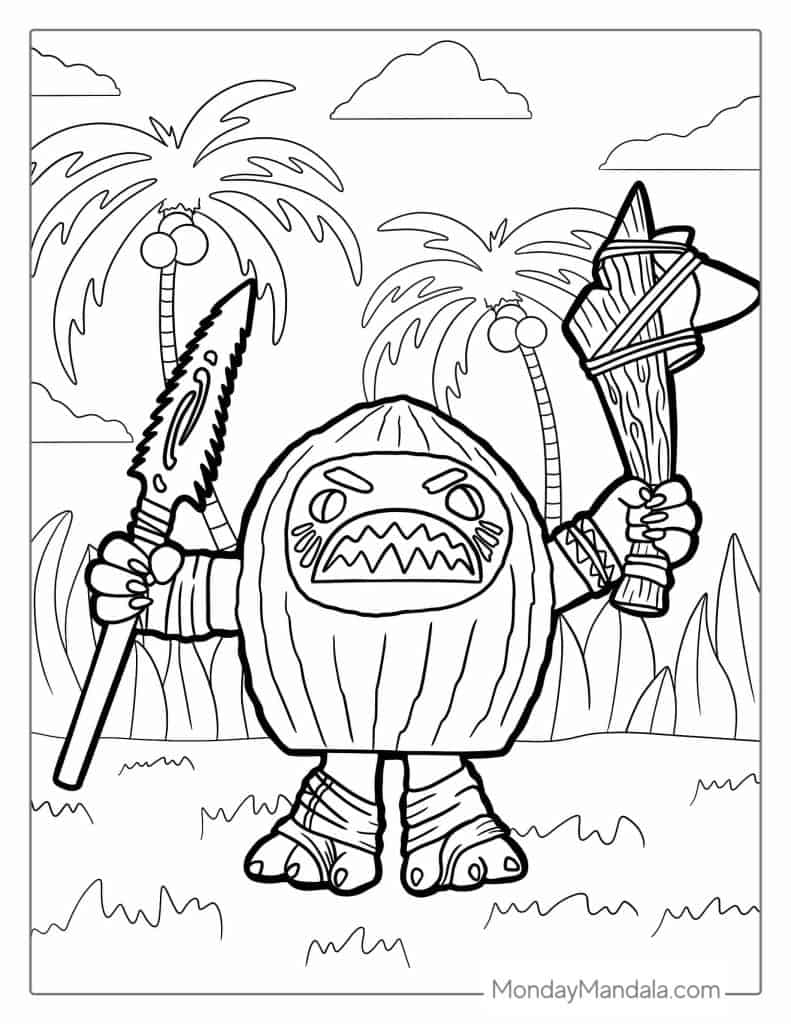 Line drawing of a tiki figure holding two clubs outdoors