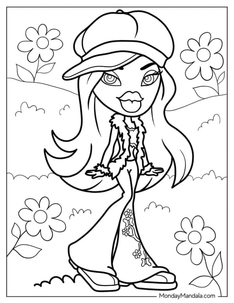 Cartoon girl in cap among flowers, coloring page