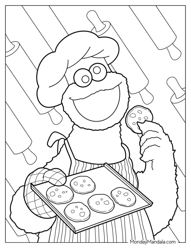 Cookie Monster holding a tray of cookies and cookie