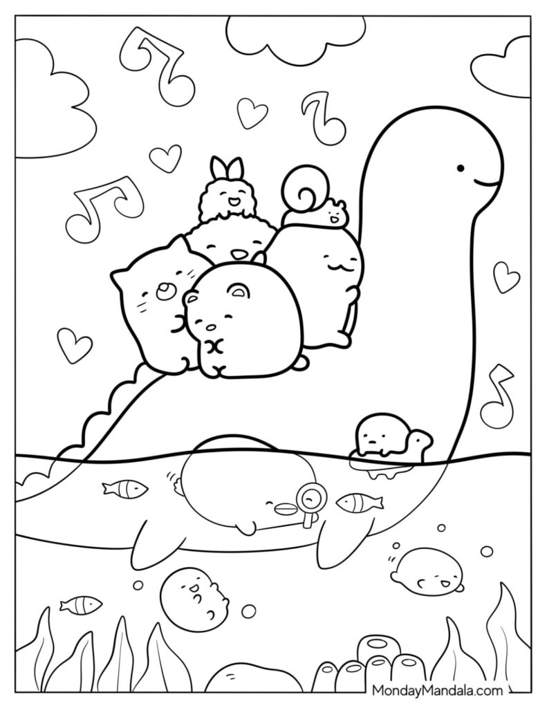 Cute sea creatures riding a whale underwater coloring page