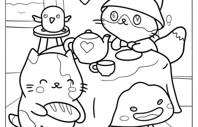 Cute cat tea party coloring page with hearts and birds