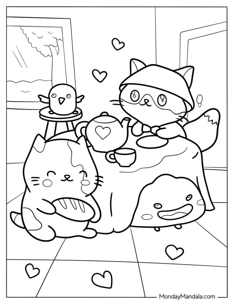 Cute cat tea party coloring page with hearts and birds