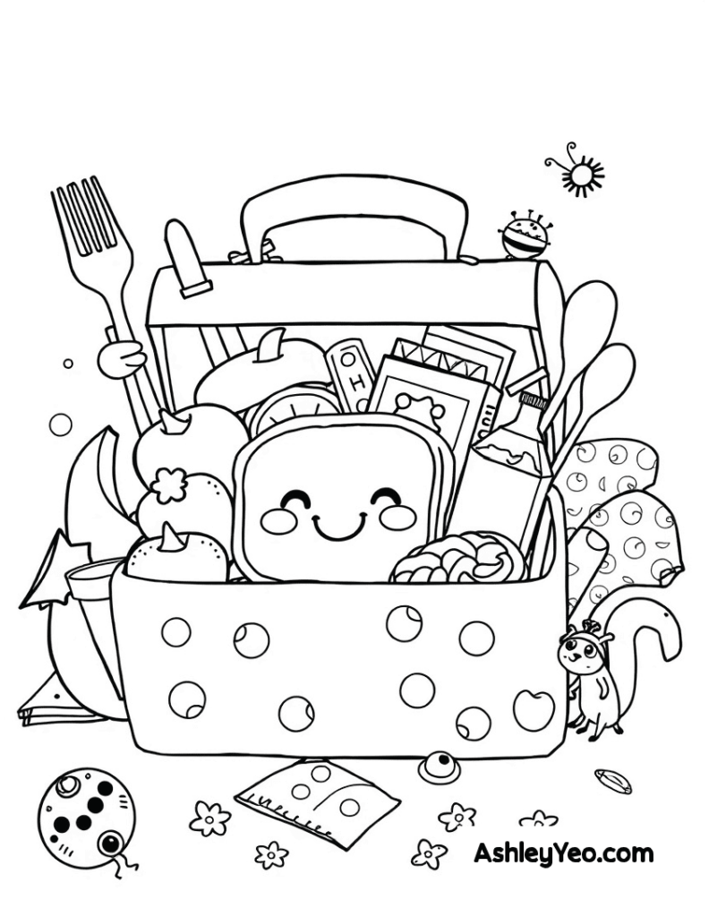 Cartoon lunchbox filled with school supplies and food items