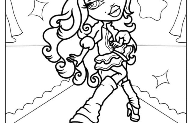 Cartoon girl in hat, dress, and high heels on stage