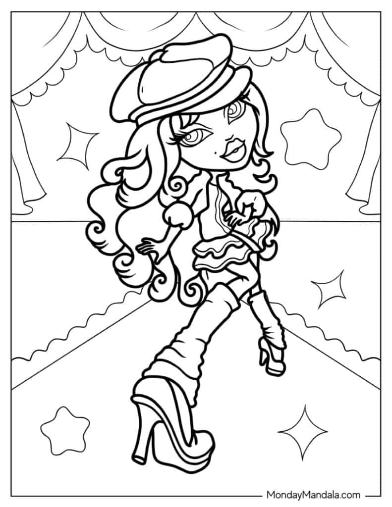 Cartoon girl in hat, dress, and high heels on stage