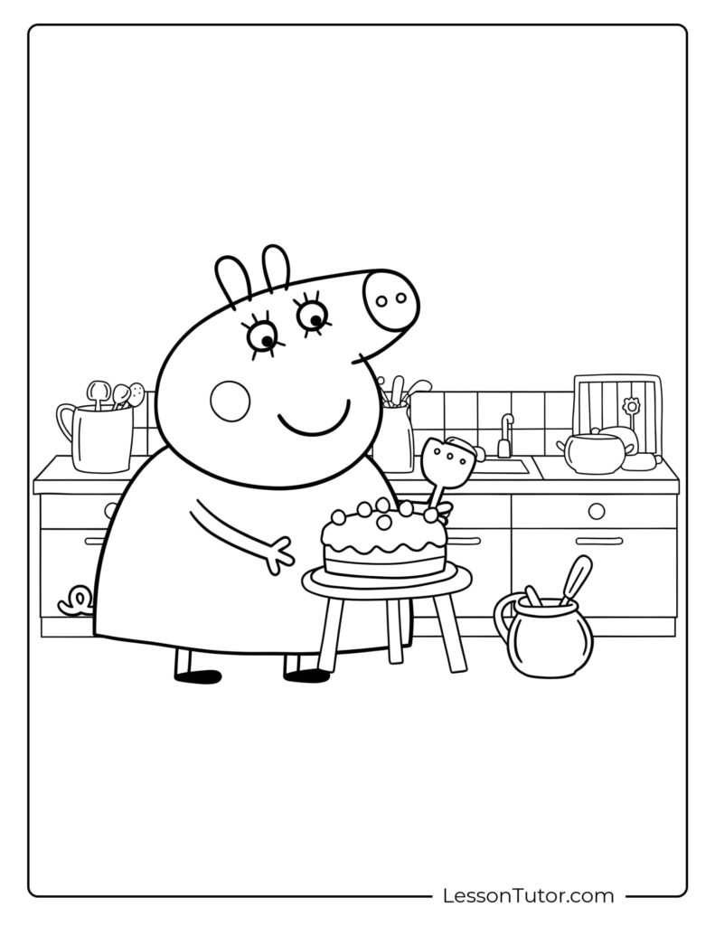 Cartoon pig decorating a cake in a kitchen