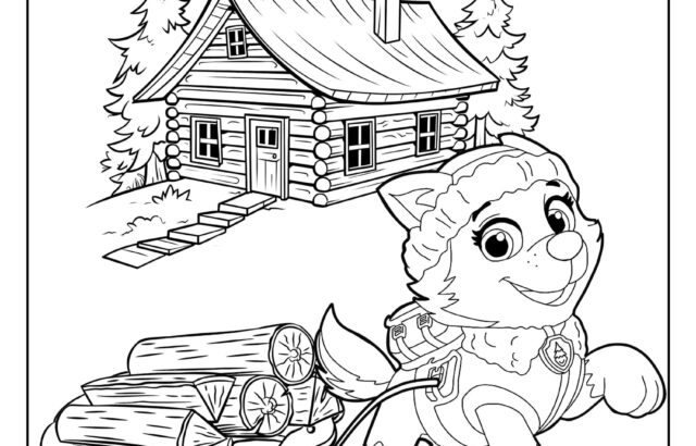 Black-and-white coloring page of a dog sledding near cabin