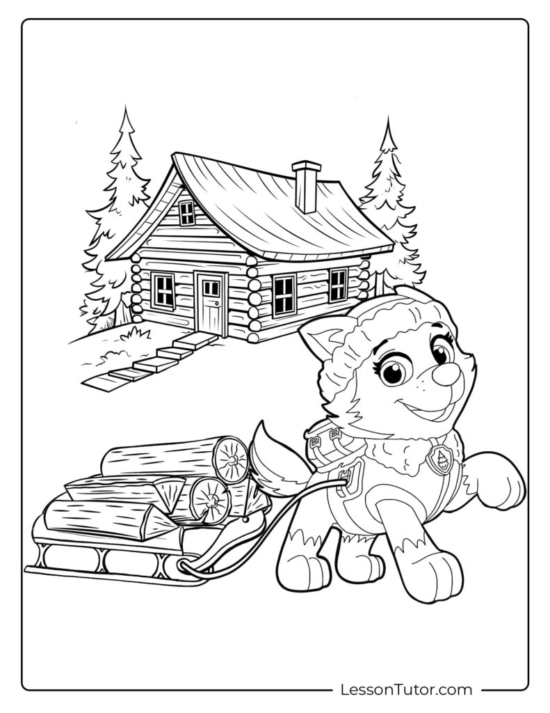 Black-and-white coloring page of a dog sledding near cabin