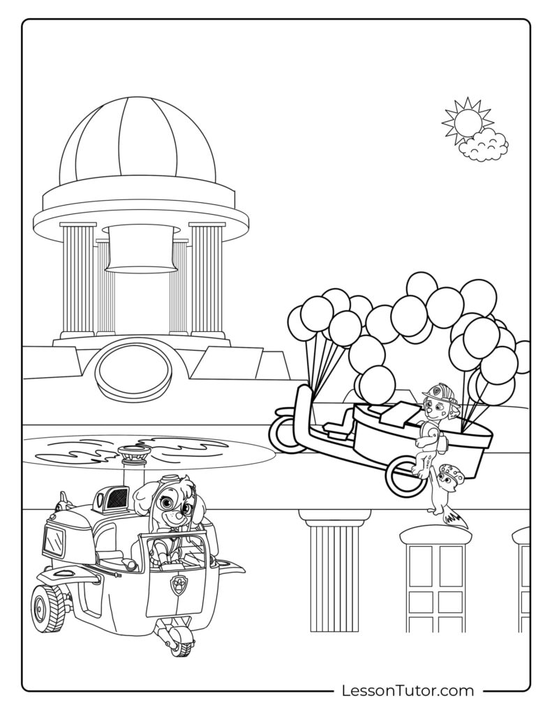 Line-art cartoon of dogs and vehicles at observatory with balloons