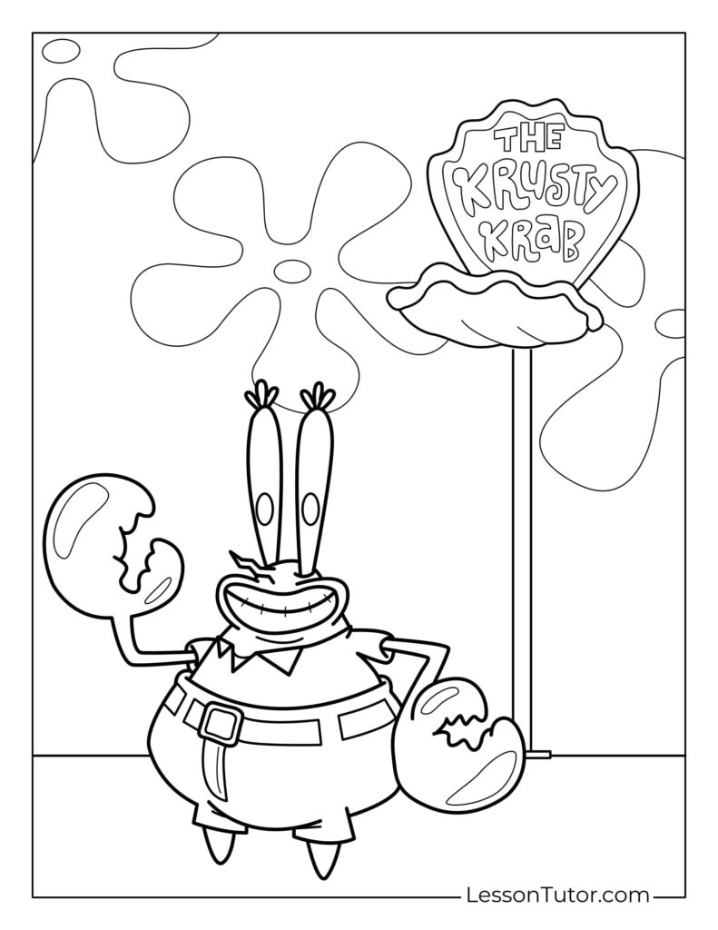 Black-and-white cartoon of Mr. Krabs holding a Krabby Patty sign