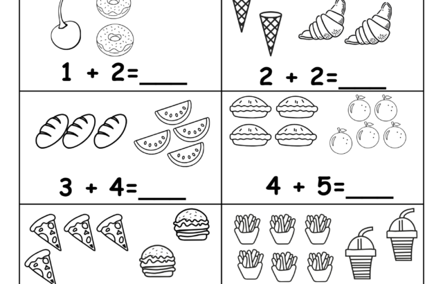 Picture addition worksheet with food drawings and sums