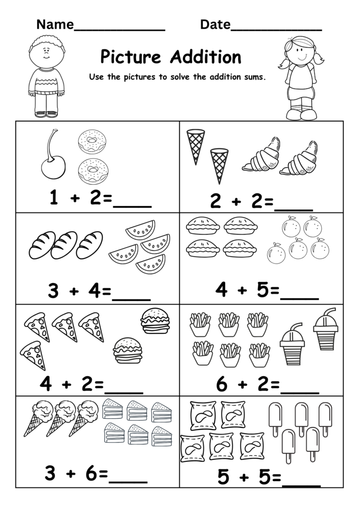 Picture addition worksheet with food drawings and sums
