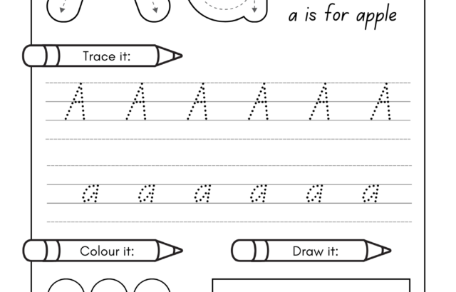 Alphabet tracing worksheet with apple and lowercase a