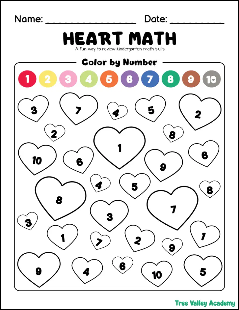 Heart math color-by-number worksheet with numbered hearts