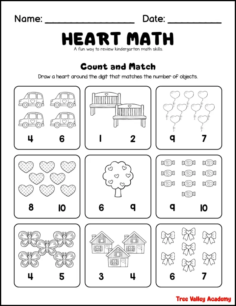 Heart math worksheet with picture counting exercises