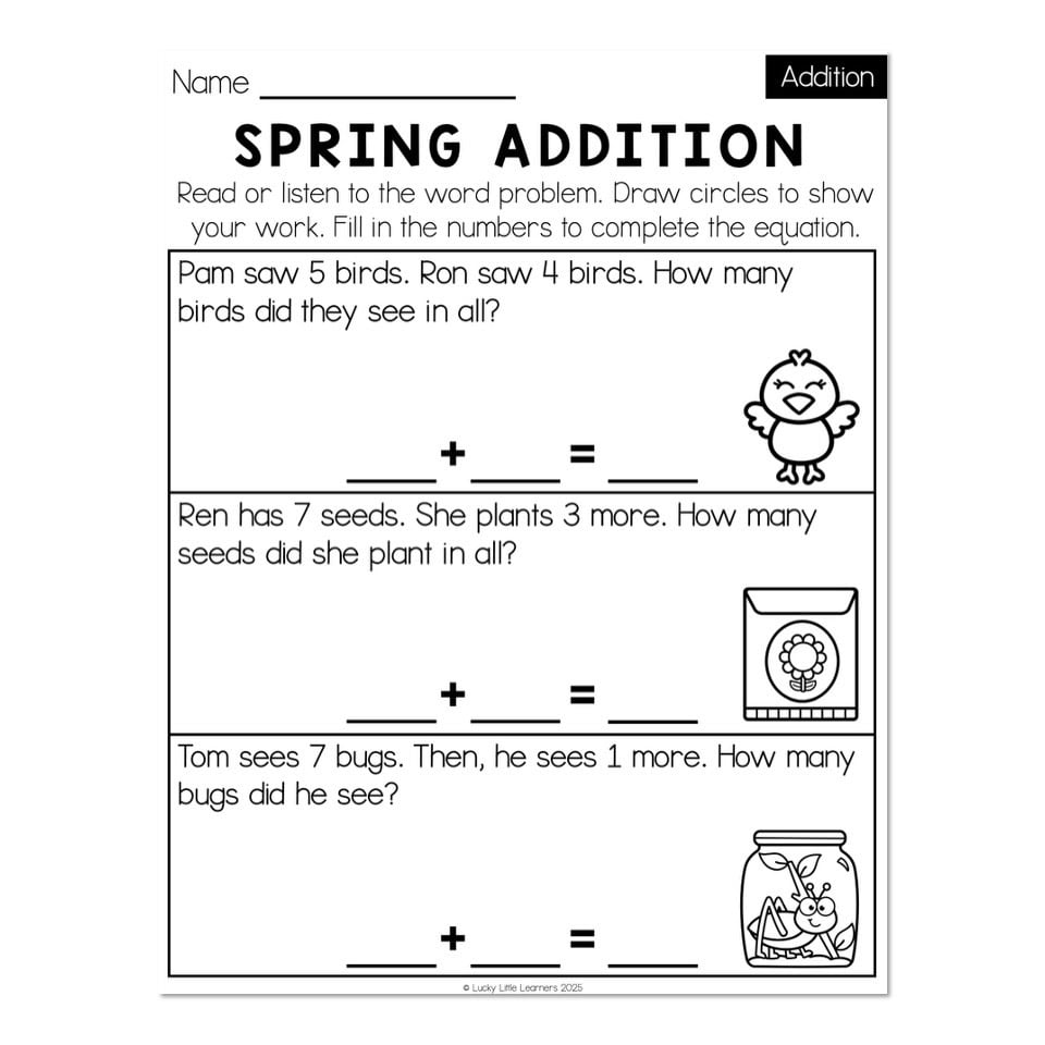 Spring addition worksheet with three word problems and drawings