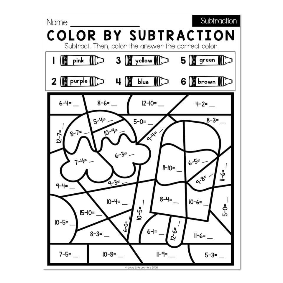Color by subtraction worksheet with crayons and math problems