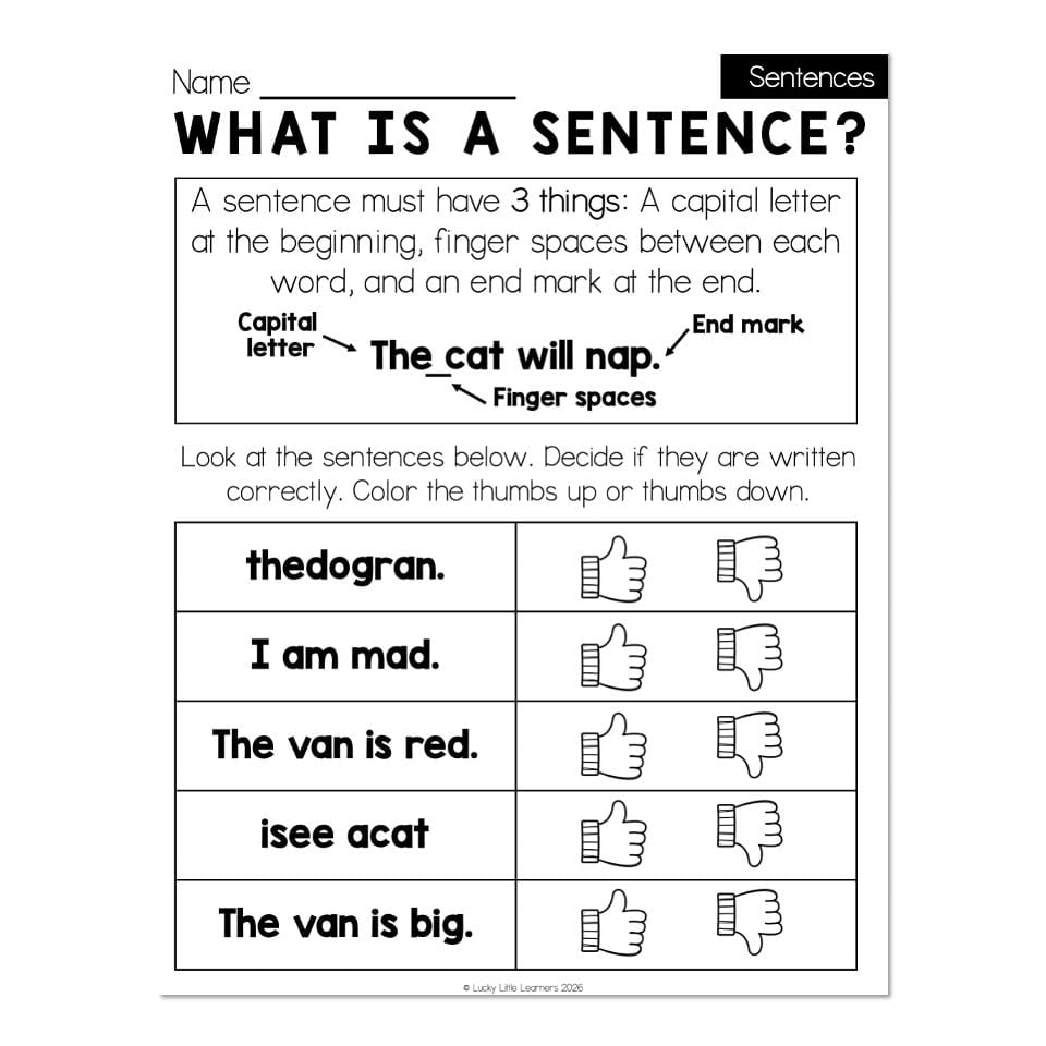Sentence worksheet with thumbs up and down icons